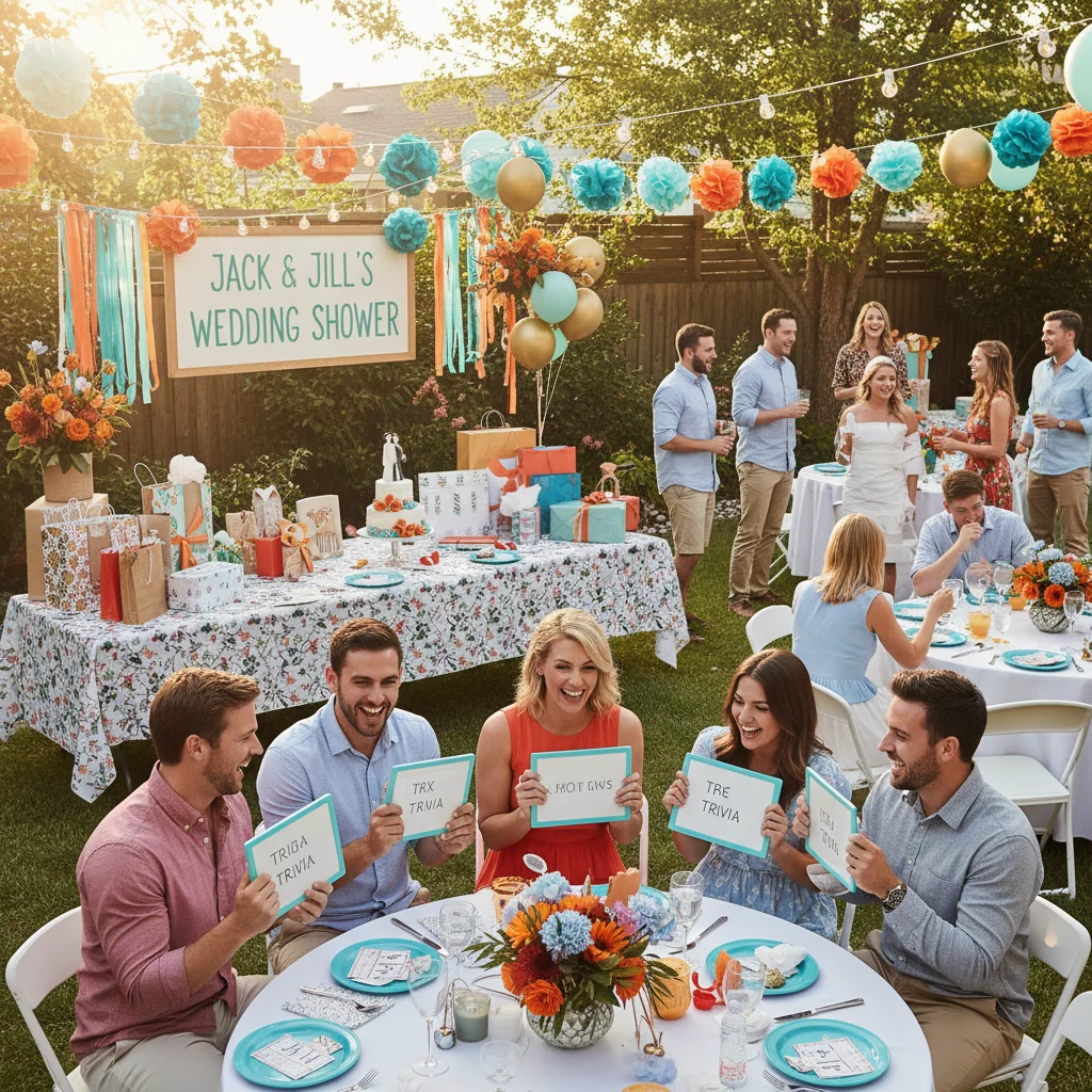 Bridal shower celebration with gifts, games, and close friends gathered around the bride.
