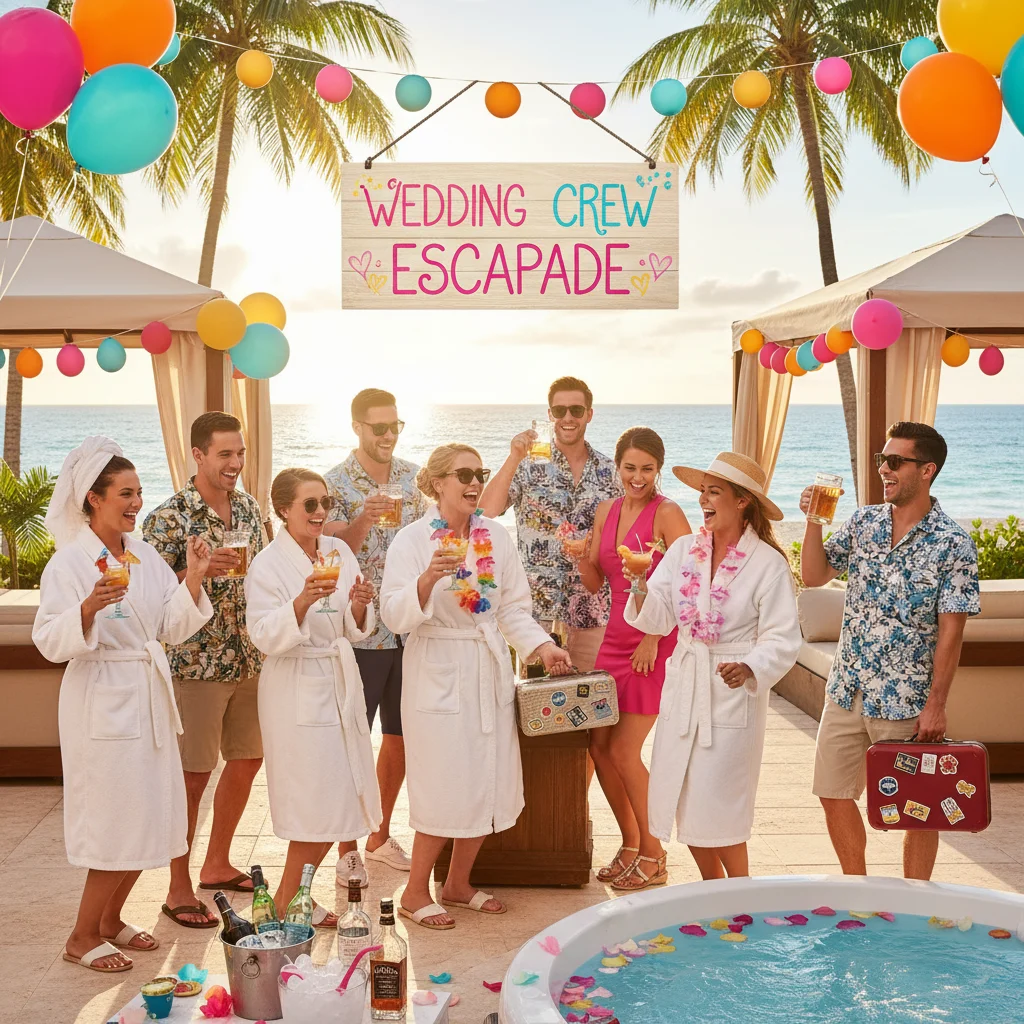 Bride and groom celebrating pre-wedding bachelor and bachelorette parties with friends.