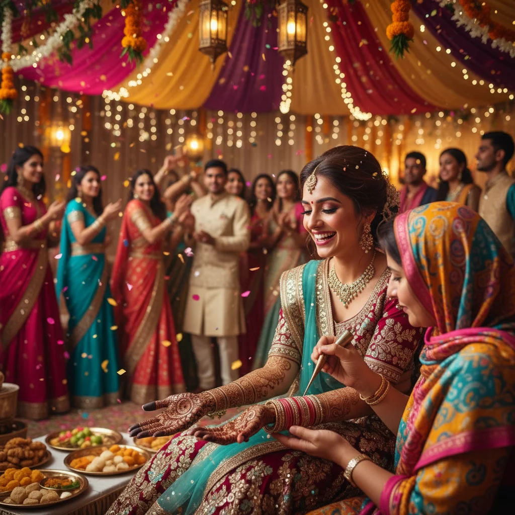 Bride getting henna applied during a traditional Mehndi party with friends and family.