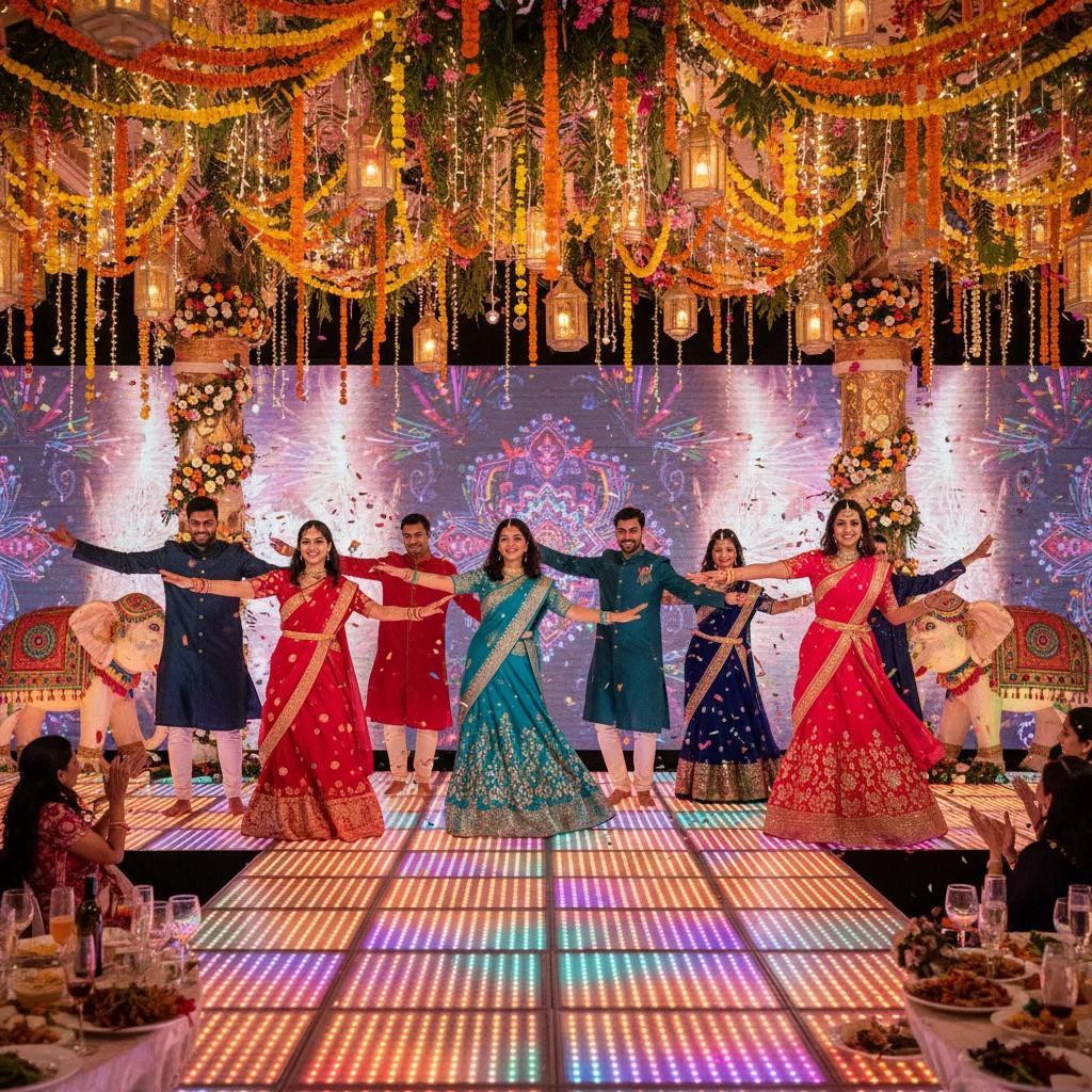 Family and friends performing dances at a joyful Sangeet ceremony.