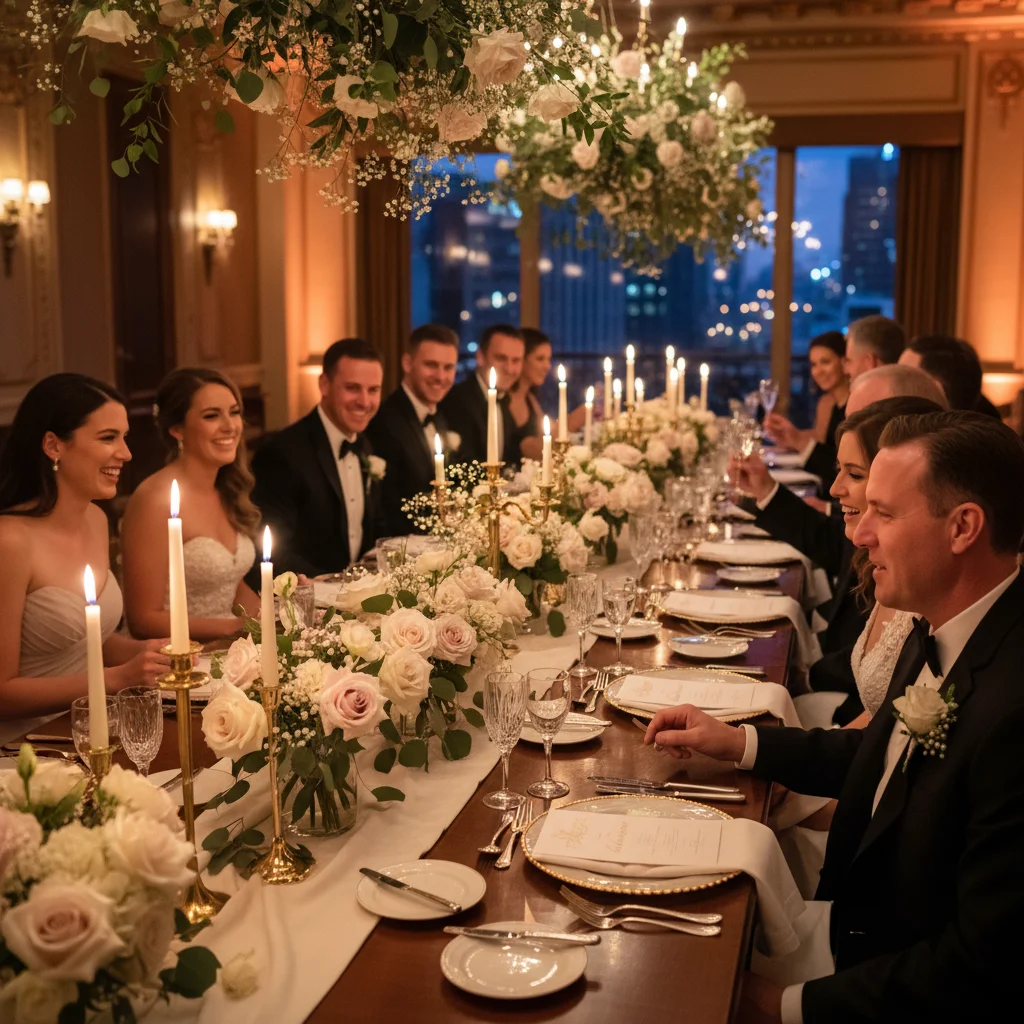 Wedding party enjoying a rehearsal dinner with family and friends before the ceremony.