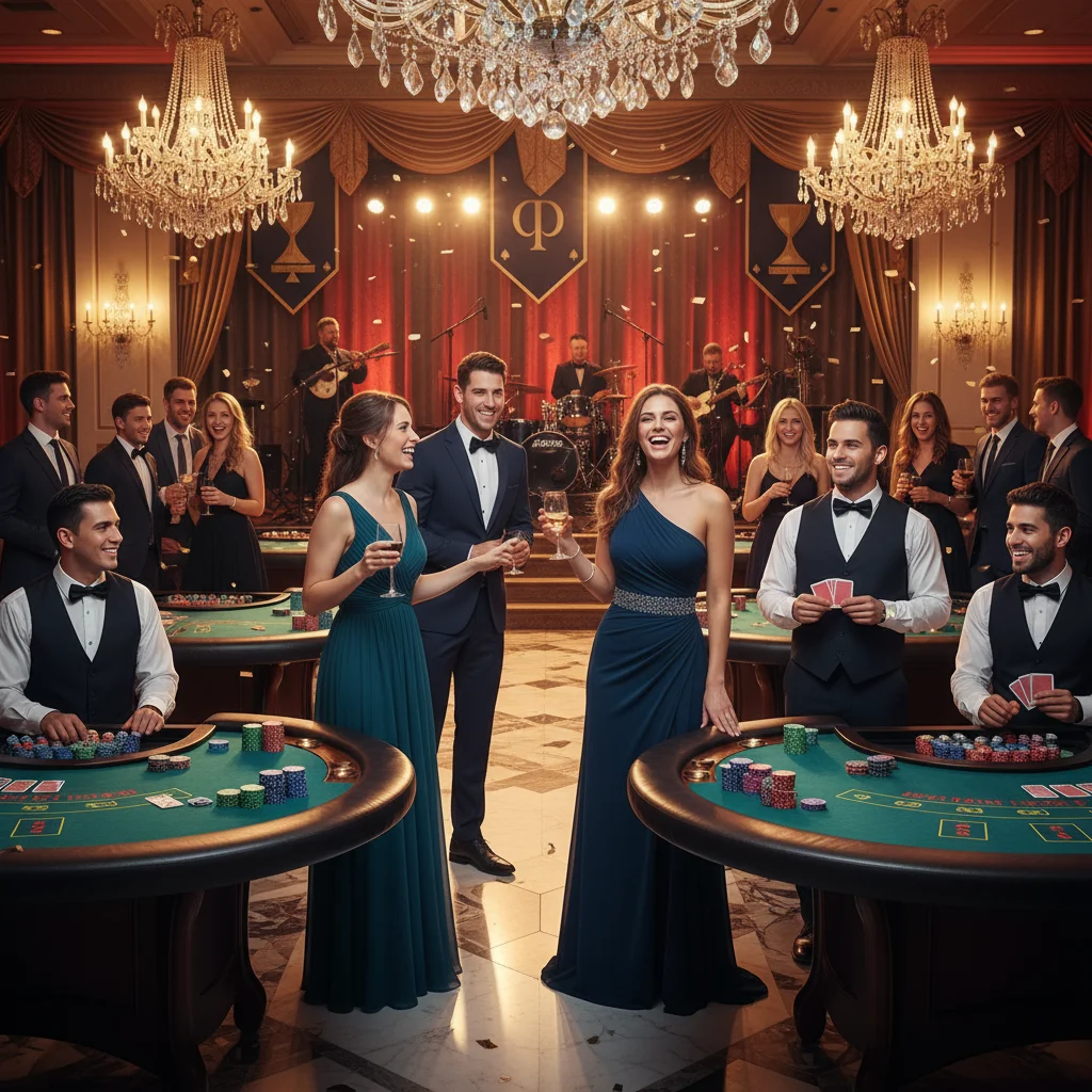 Guests enjoying a 21Fun Vegas-style casino party with dealers and interactive games