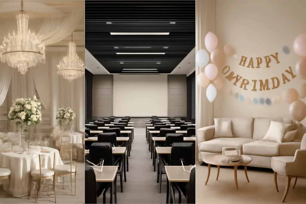Different event venue options for weddings, corporate meetings, and birthdays