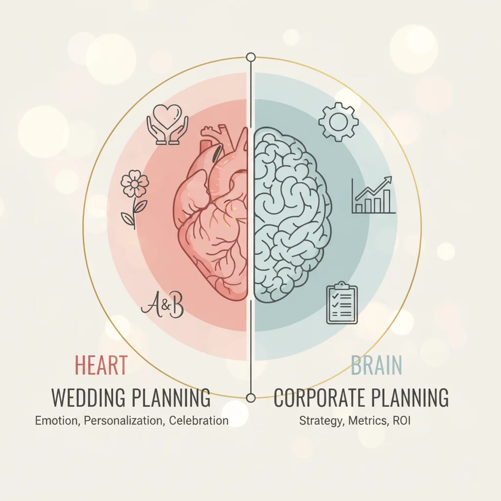 Visual representation of emotional focus in wedding planning versus business focus in corporate event planning.