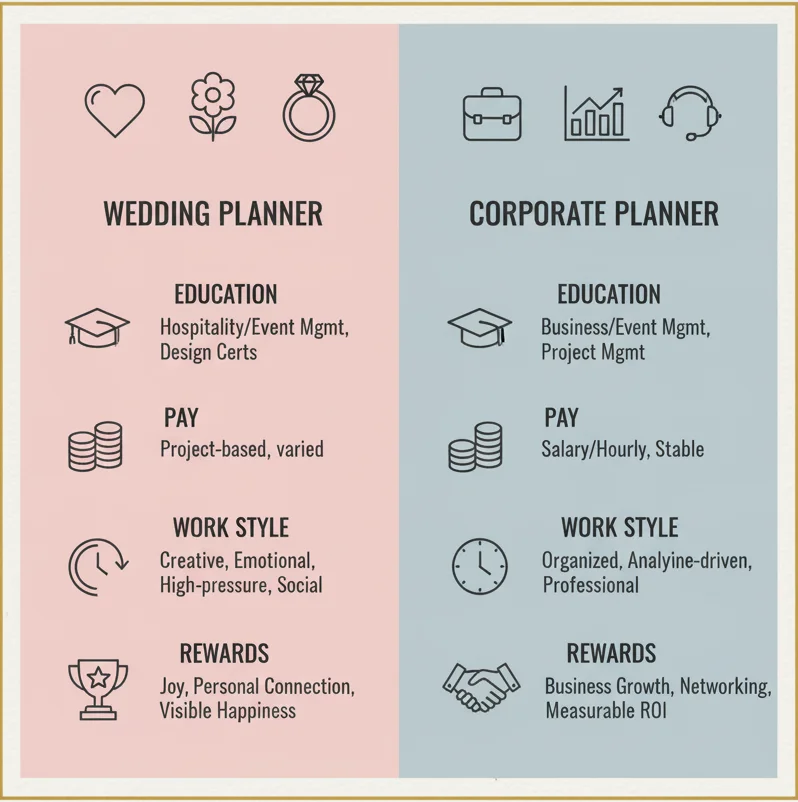 Infographic showing career paths, skills, and rewards for wedding planners vs corporate planners.