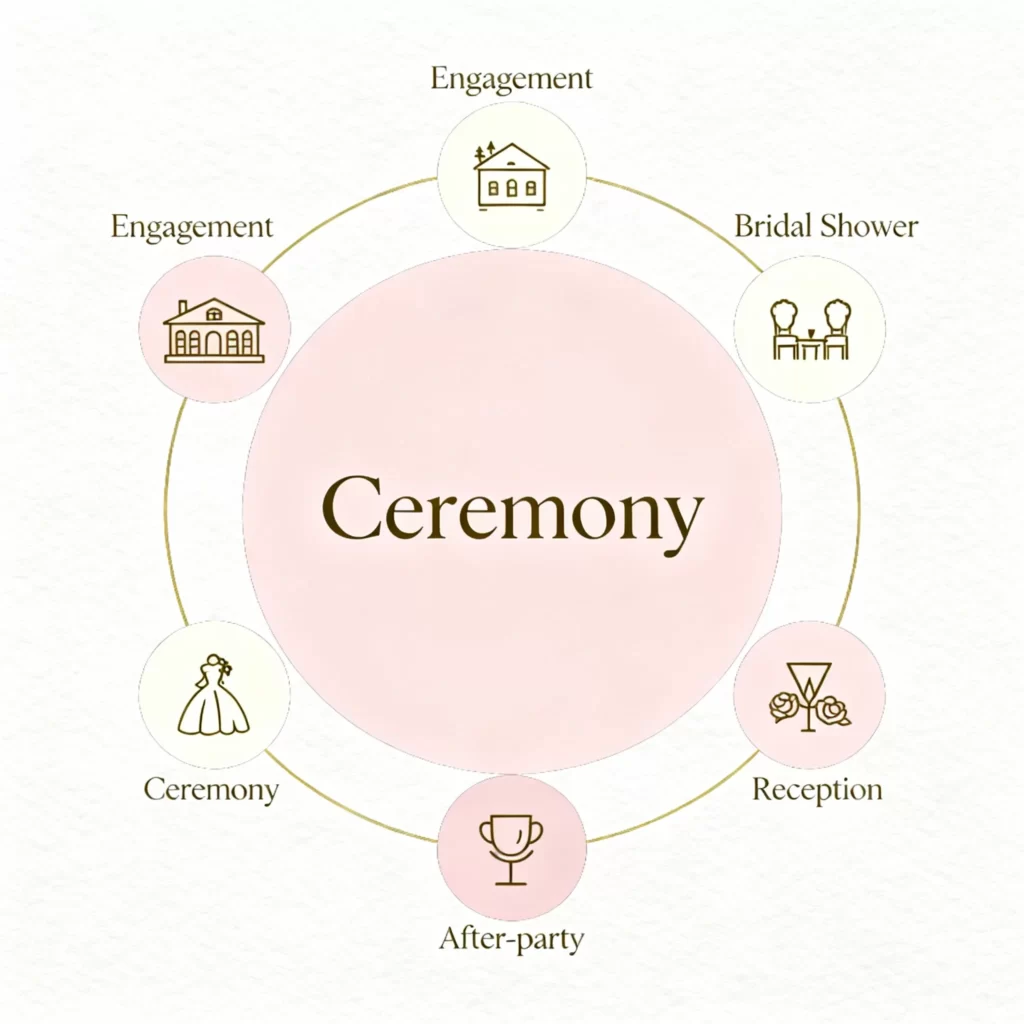 Infographic showing wedding planner responsibilities across engagement, bridal shower, ceremony, reception, and after-party.