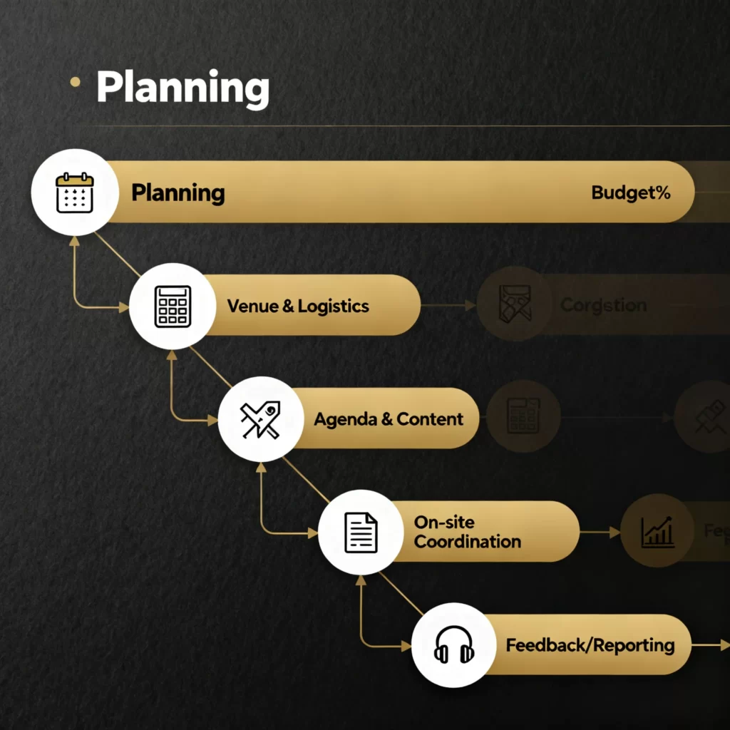Corporate event planner infographic showing step-by-step responsibilities from planning to post-event reporting.