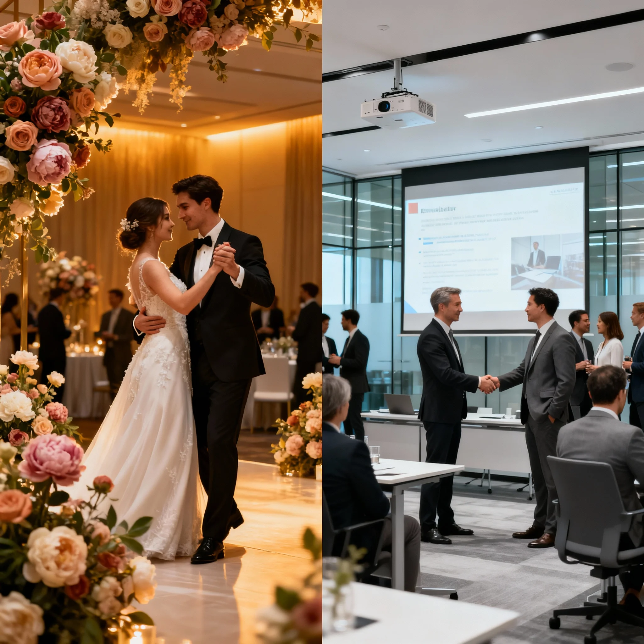 Comparison of wedding and corporate events showing a romantic wedding scene and a professional corporate conference.