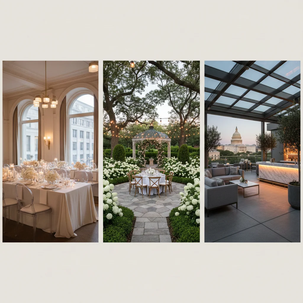 Types of event venues in Washington DC including indoor, outdoor, and covered outdoor spaces
