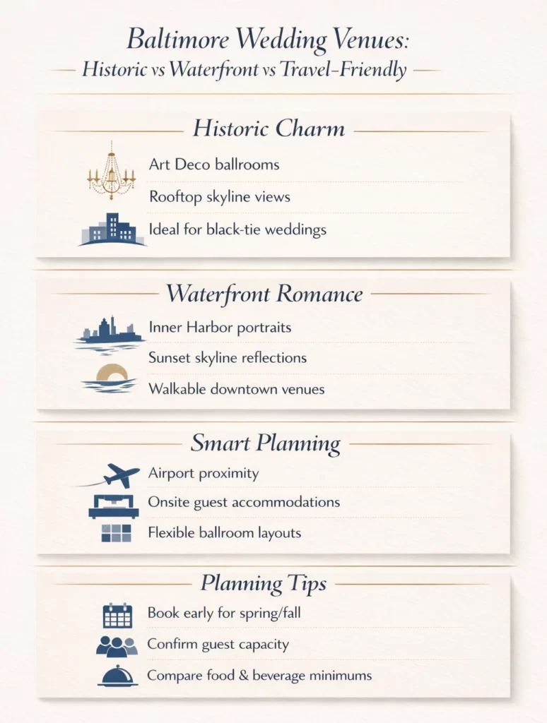 Comparison of Baltimore wedding venues featuring historic ballrooms, Inner Harbor waterfront locations, and airport-accessible hotel venues.