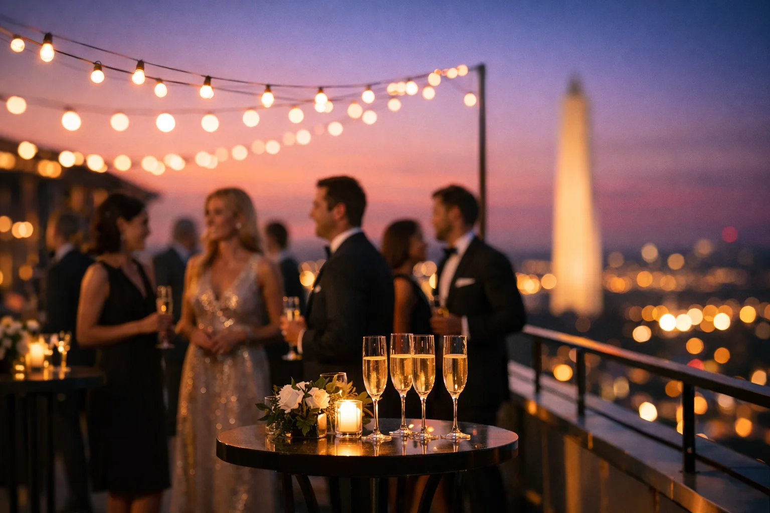 Luxury ballroom party venue in DC with chandeliers and banquet setup