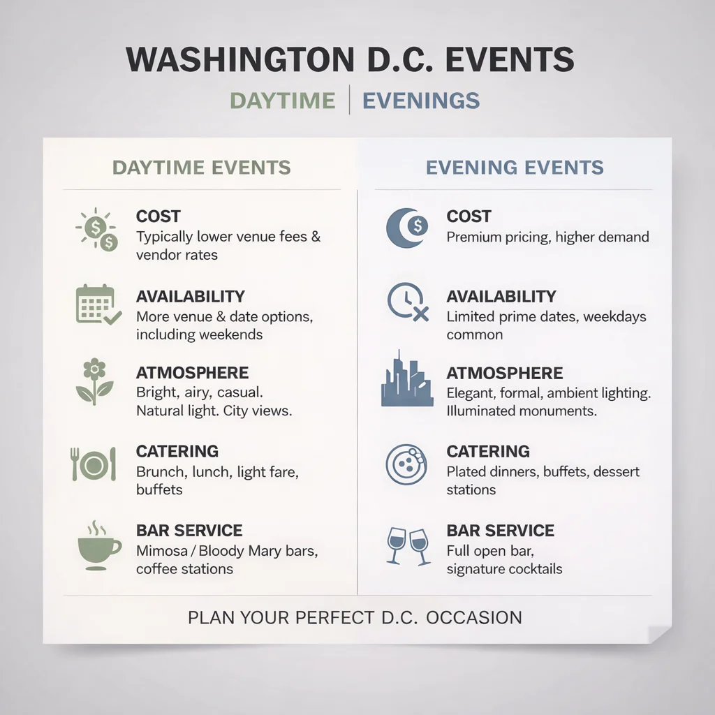 Comparison of daytime vs evening events in Washington DC by cost and atmosphere