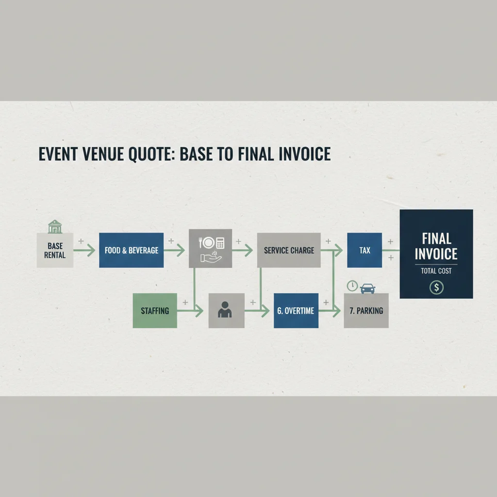 Breakdown showing how event venue costs increase from base price to final invoice