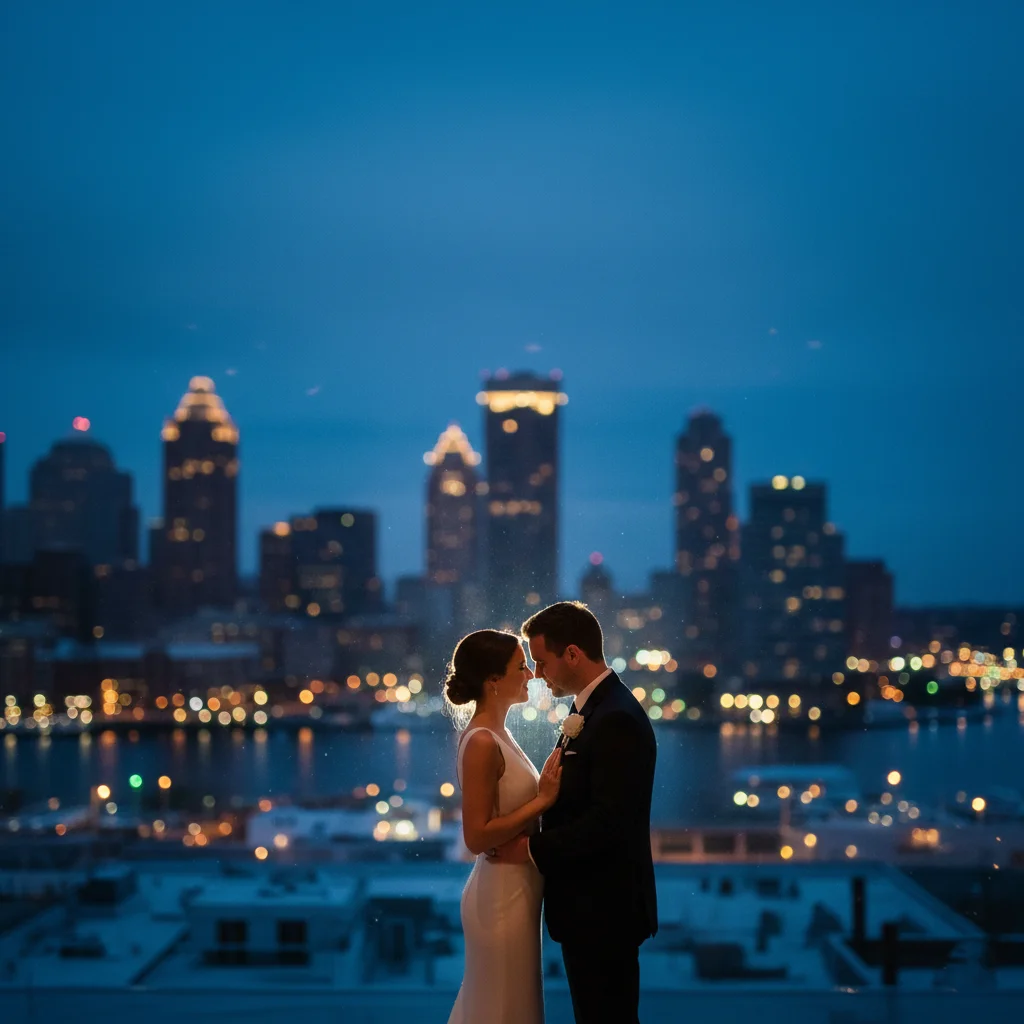 Baltimore skyline wedding portrait with romantic city backdrop