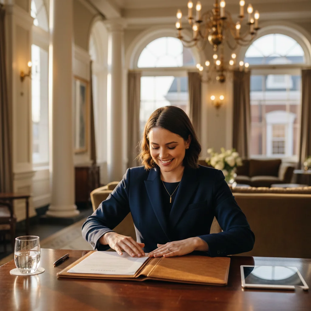 Confident event planner finalizing event venue contracts in Washington DC