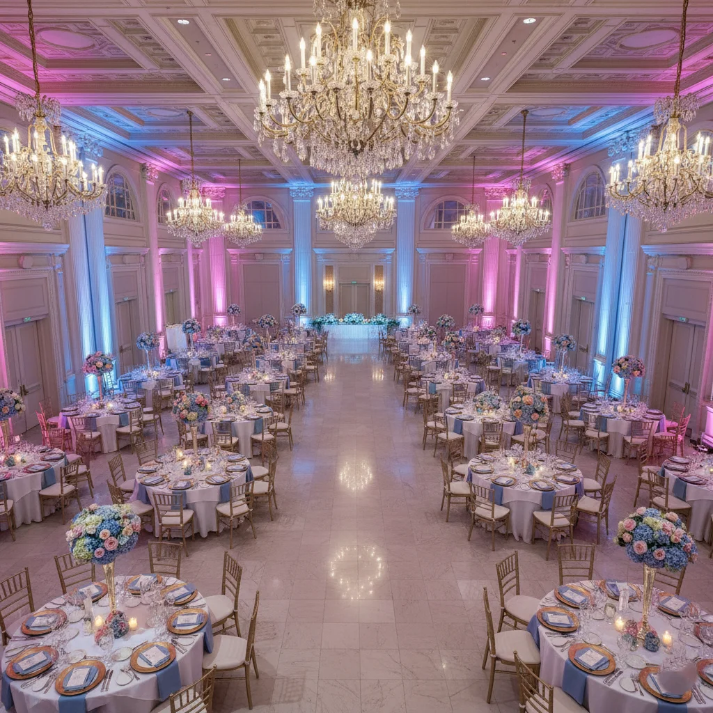 Luxury ballroom party venue in DC with chandeliers and banquet setup