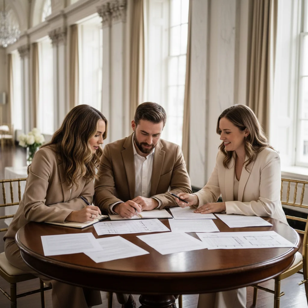 Couple reviewing wedding venue contracts in Washington DC and discussing cancellation terms