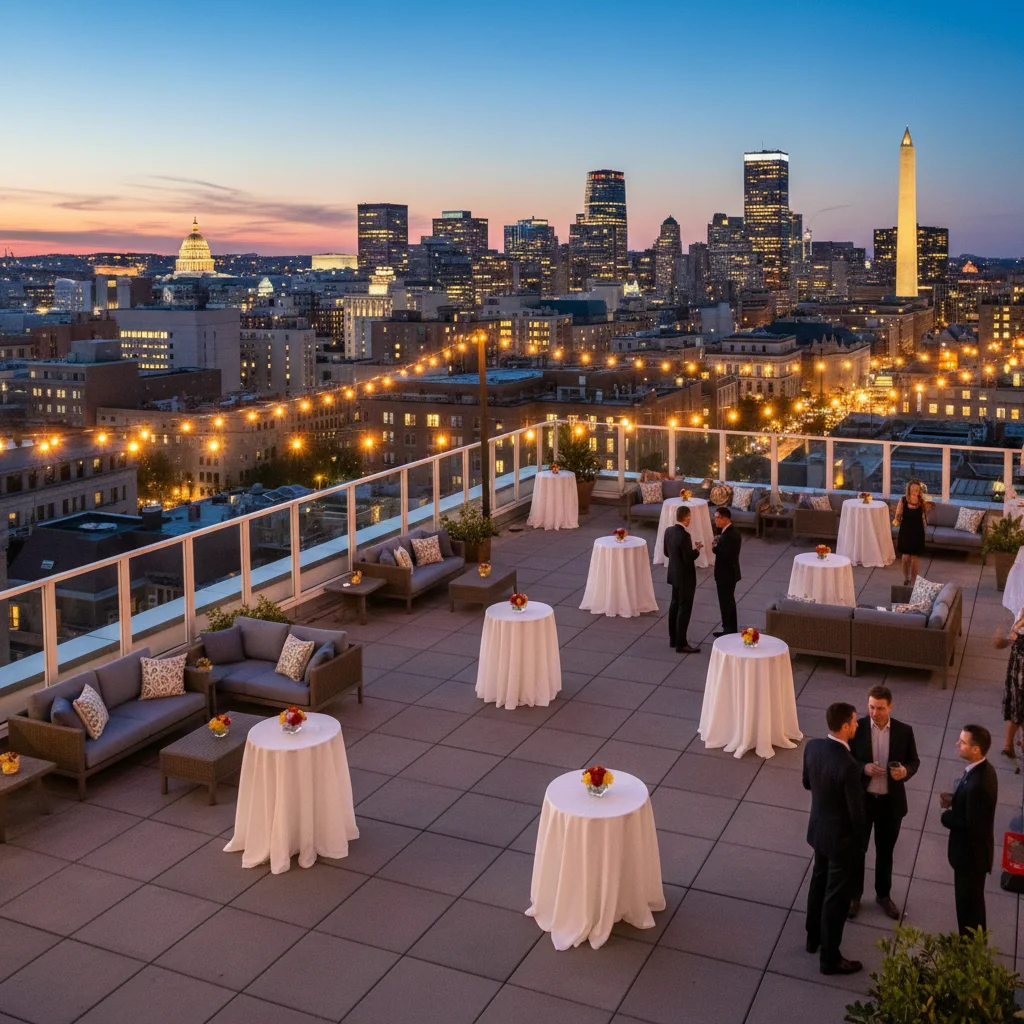 Rooftop event venue in Washington DC showing realistic guest spacing