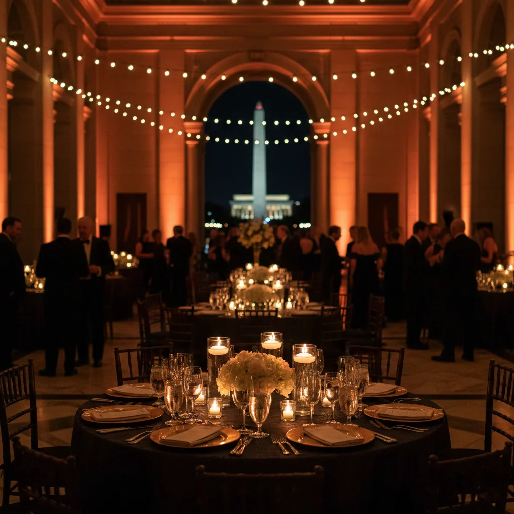 Evening event venue atmosphere in Washington DC with dramatic lighting