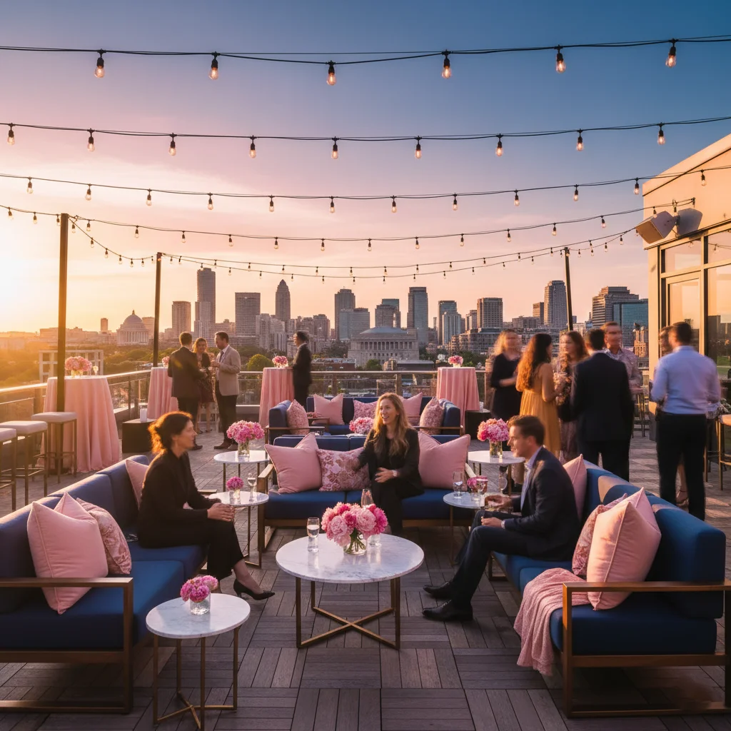 Rooftop party venue in DC with skyline view at sunset