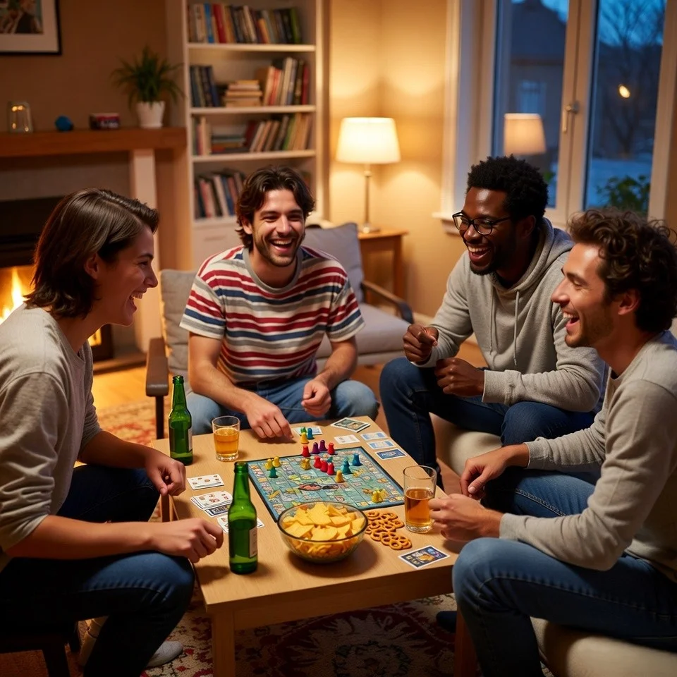 Friends playing board games at small party