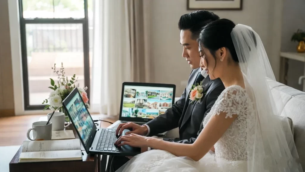 couple comparing wedding venues online on laptop