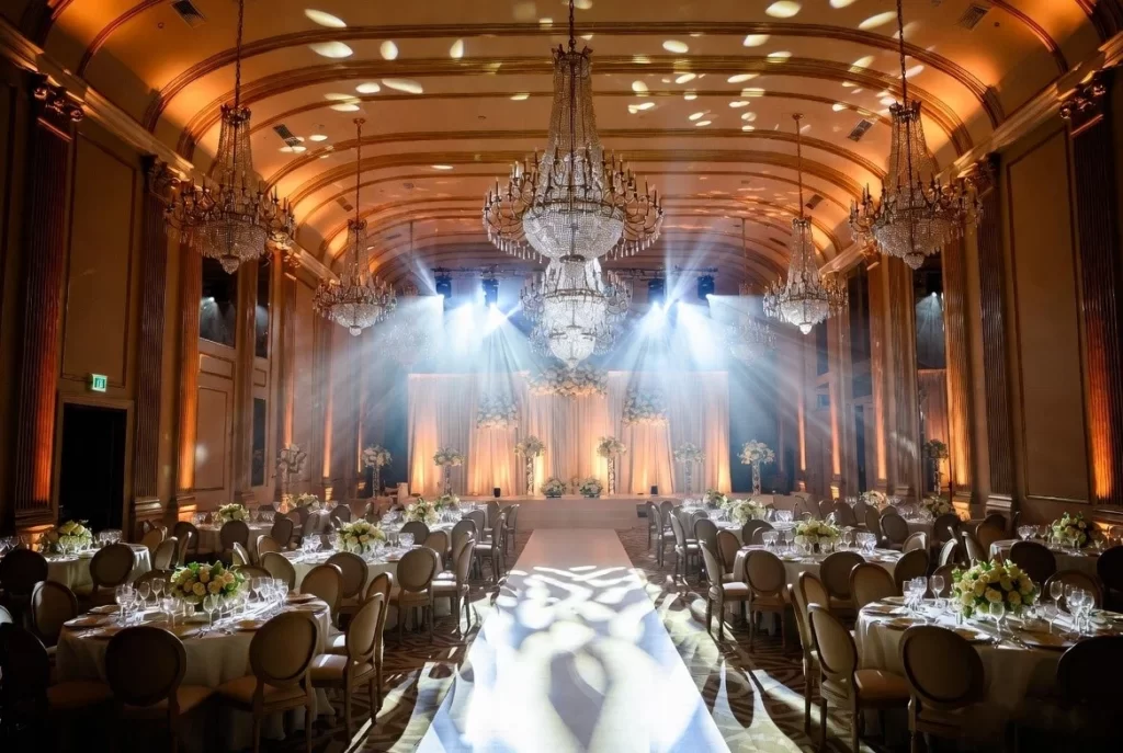 wedding reception venue setup with decorated ballroom