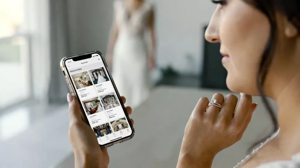 bride searching wedding venues online using smartphone