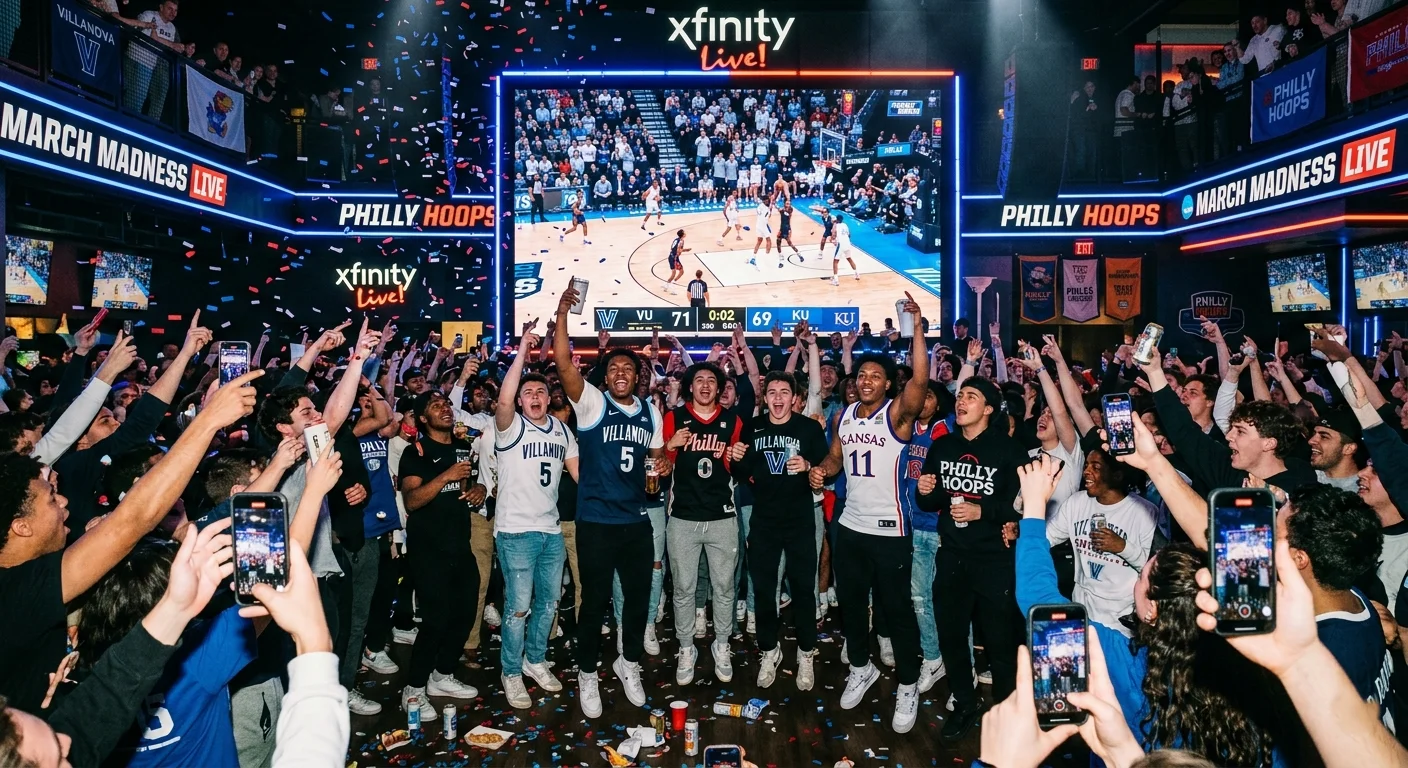 Philadelphia March Madness watch party with Gen Z crowd cheering during NCAA basketball game