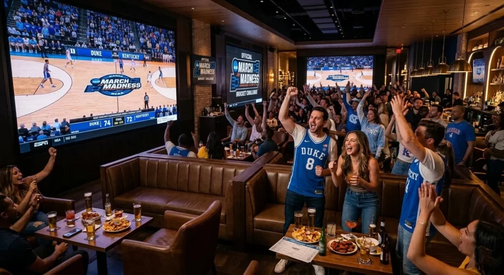 Luxury March Madness watch party venue with big screens and cheering crowd