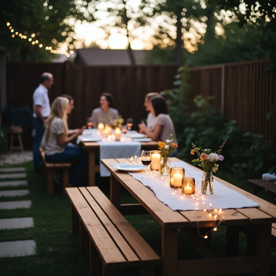 Backyard celebration with string lights