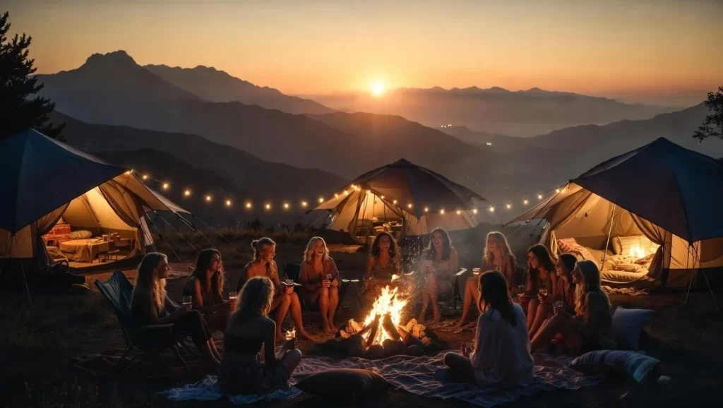 Outdoor glamping bachelorette party with friends around a campfire