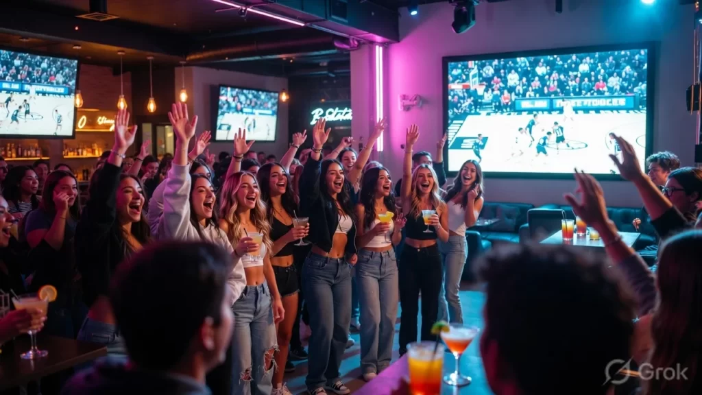 Gen Z social watch party during NCAA tournament in boutique lounge