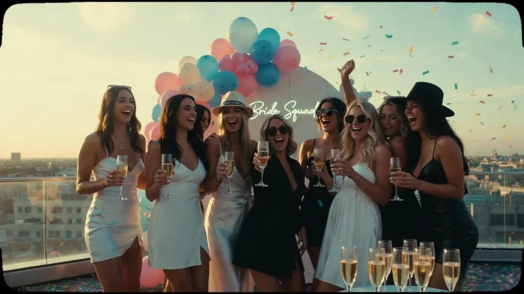 Modern bachelorette party celebration with coordinated outfits and stylish decorations