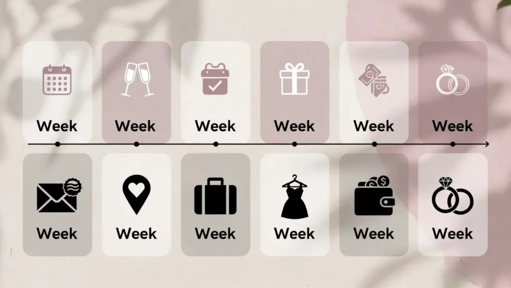 Bachelorette party planning timeline infographic showing eight week preparation schedule