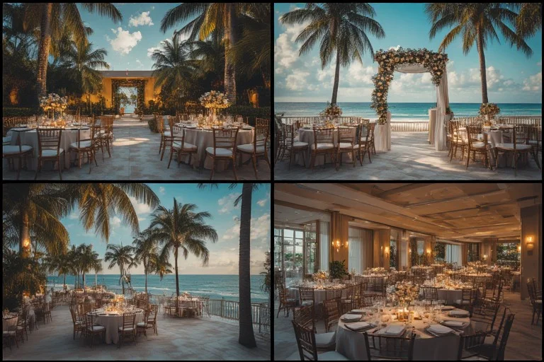 different types of Miami beach wedding venues including rooftop, beach, and ballroom