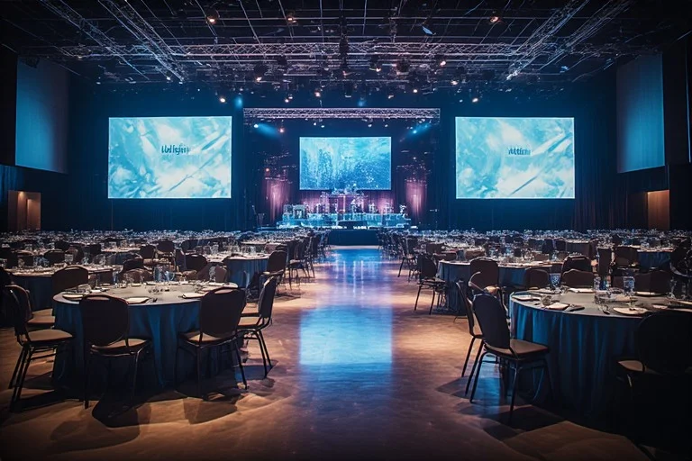 Corporate event production setup inside luxury convention center with AV staging and networking area