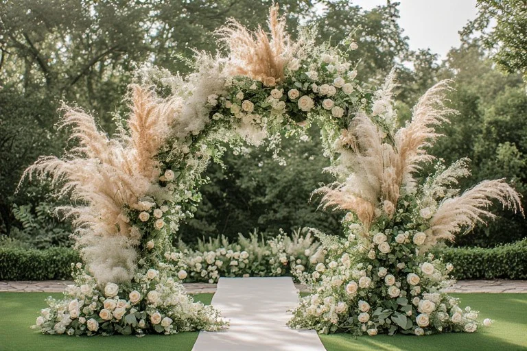 Asymmetrical floral installation for luxury garden wedding ceremony