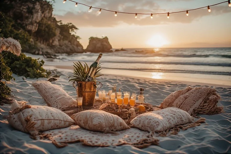 Beach escape bachelorette party setup with luxury picnic and ocean sunset