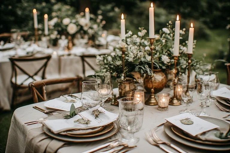 Luxury garden wedding reception decor ideas with candlelit botanical tablescape