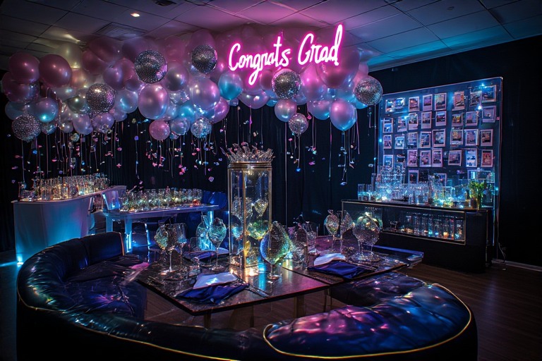 Instagram-worthy graduation party setup with neon signs and luxury decor