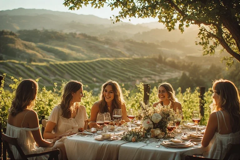 Luxury winery weekend setup for a sophisticated bachelorette celebration