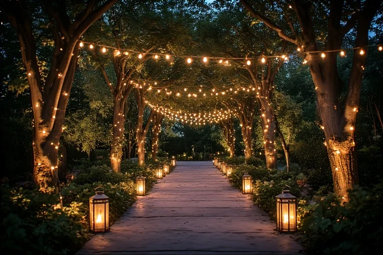 Outdoor garden wedding lighting ideas with string lights and lantern pathways