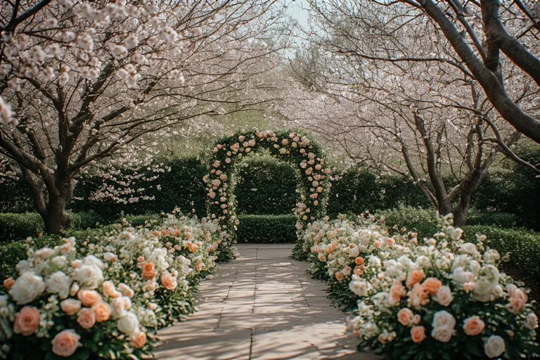 Spring garden wedding inspiration in Bethesda Maryland with cherry blossoms