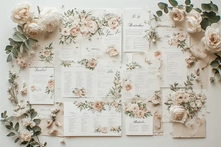 Luxury wedding planning flat lay with botanical stationery and timeline checklist