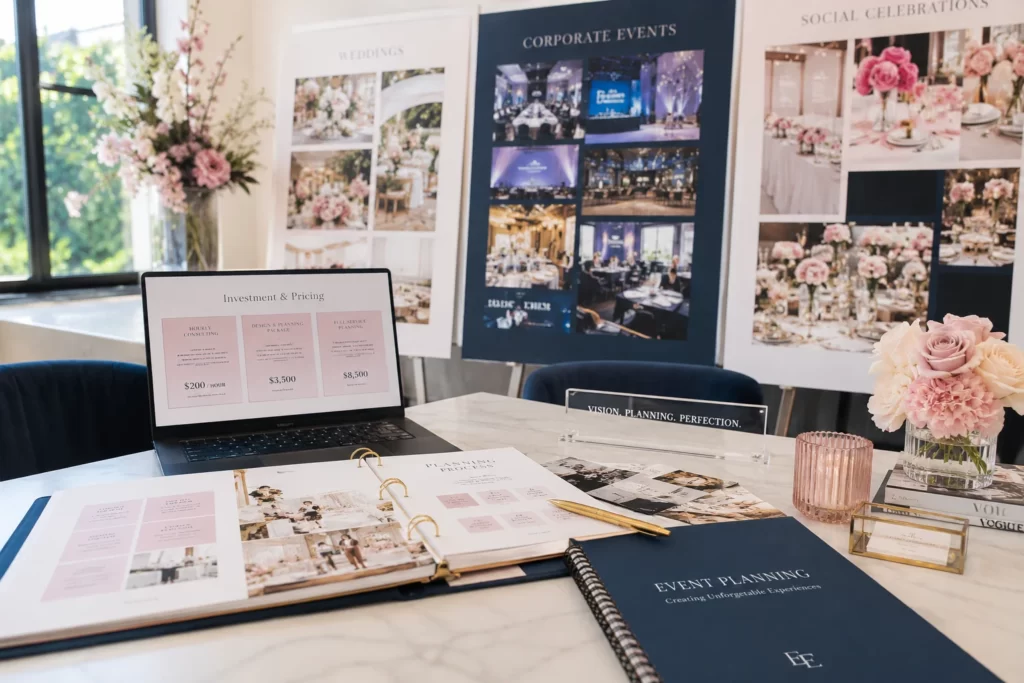 Event planner explaining hourly rates and flat-fee pricing packages to clients