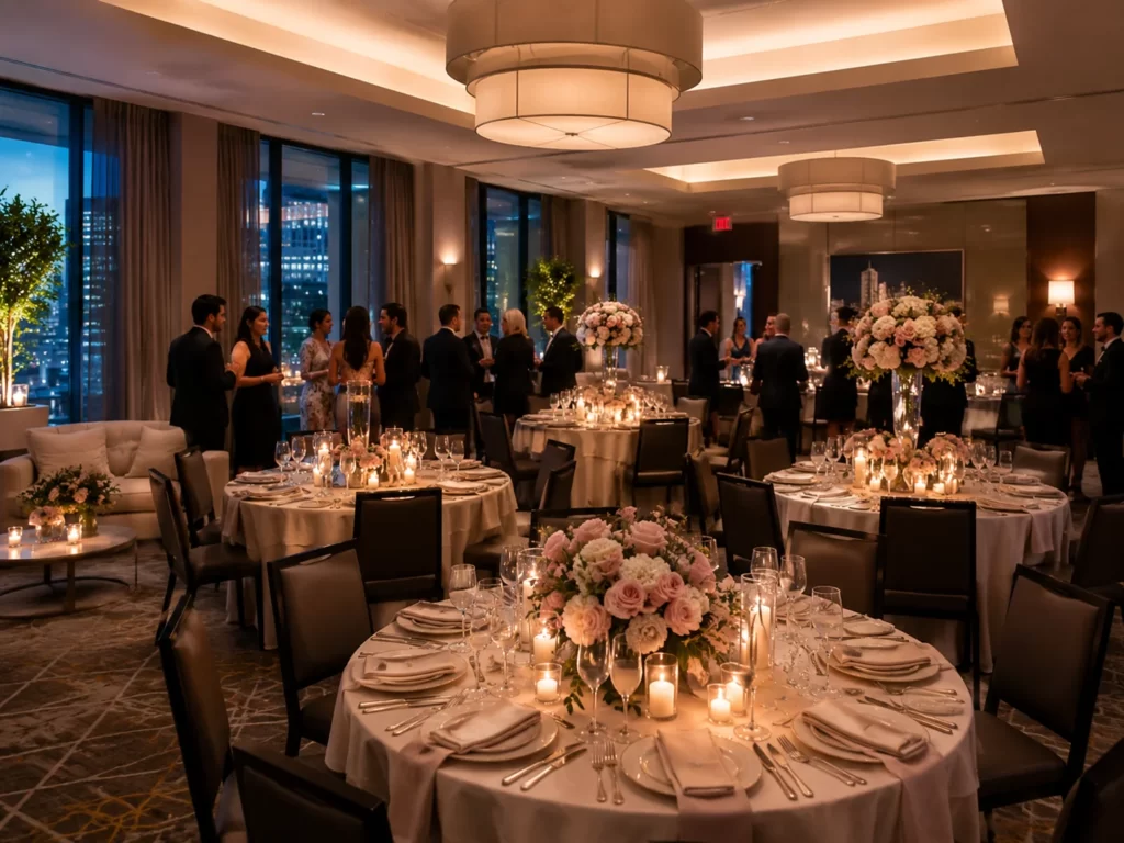 Intimate wedding reception setup at an all-suite hotel venue in downtown San Antonio