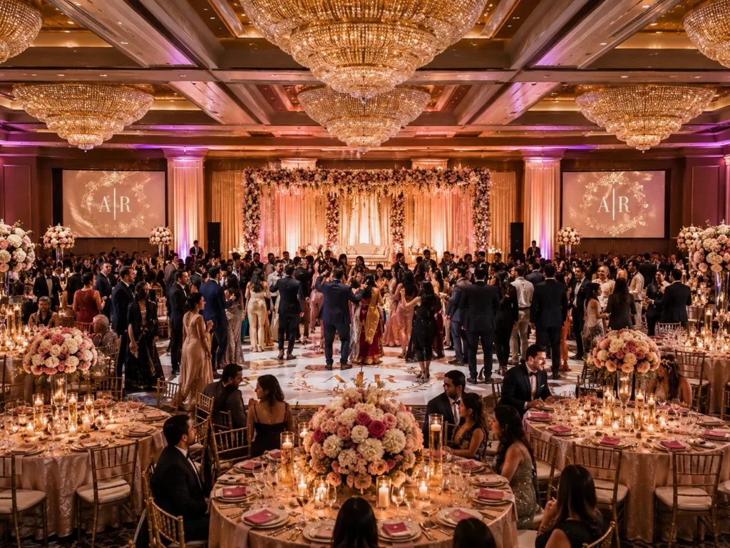 Grand ballroom wedding reception at a luxury San Antonio hotel venue
