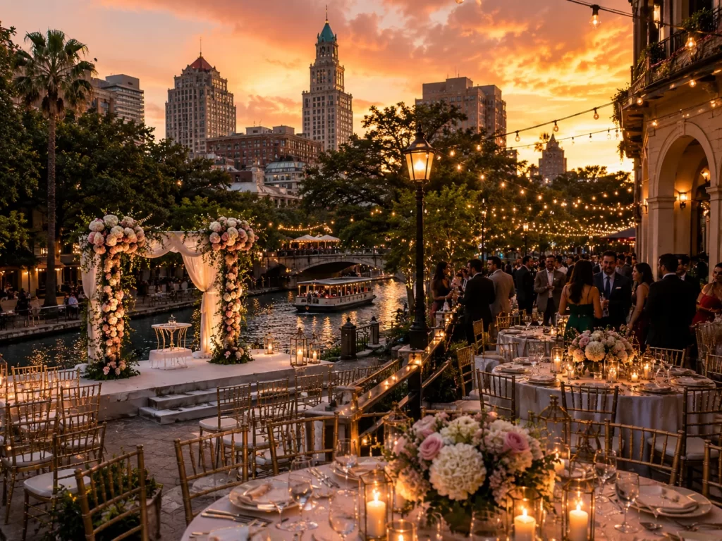 Outdoor River Walk wedding ceremony terrace in San Antonio