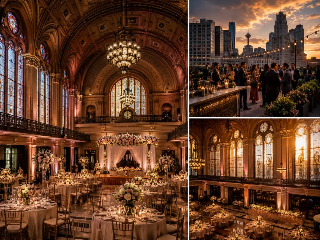 Historic wedding venue interior with stained glass and skyline rooftop in San Antonio